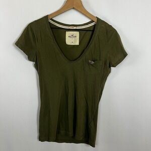 Hollister Shirt Women Medium Olive Green Curved Hem Short Sleeve Tee Cali Sheer